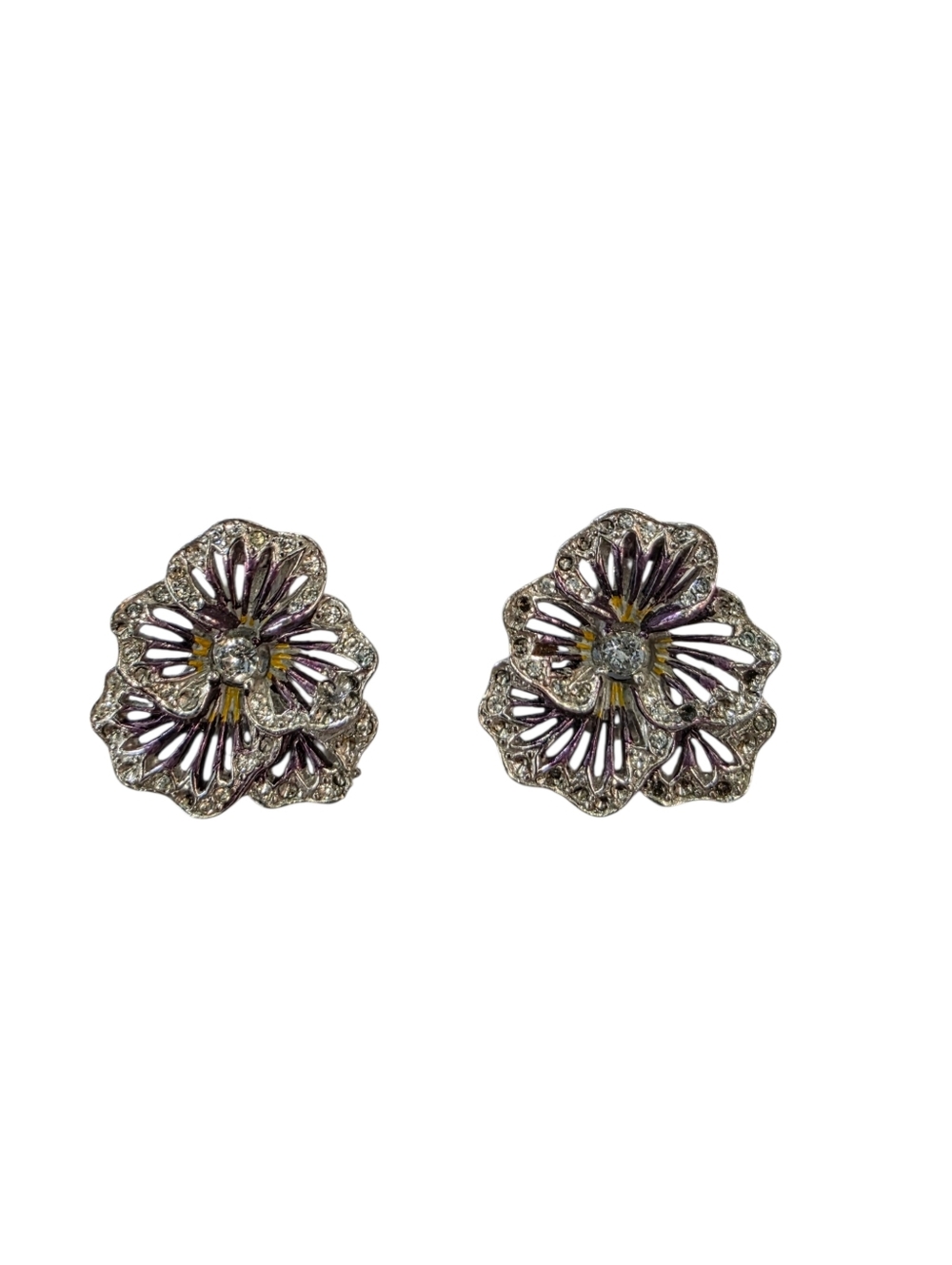 Boucher Pave Purple Metallic Enamel and Pearl Pansy Flower Clip-On Earrings